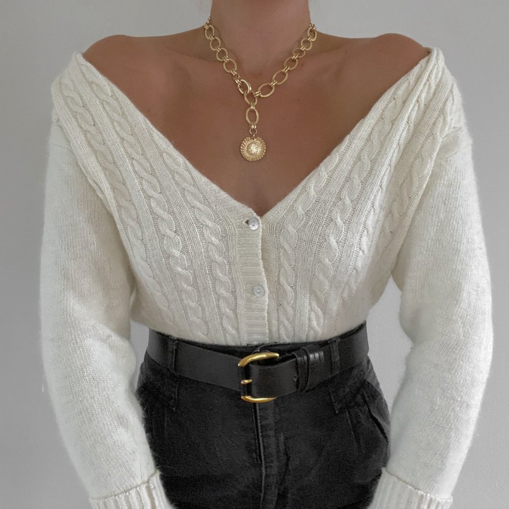 Vintage White Angora Cable Knit Cardigan Sweater - Picture 3 of 9
